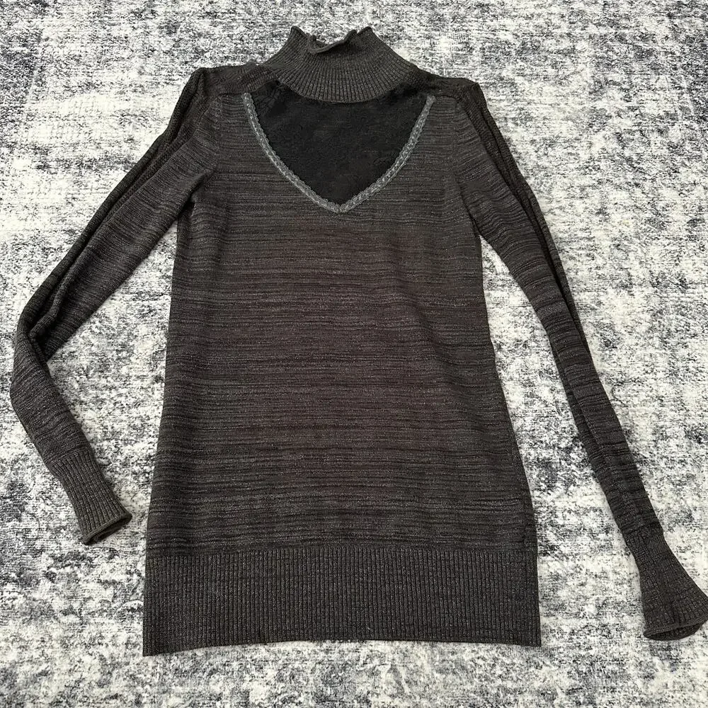 Free People Shimmer Gray Ribbed Turtleneck Sweater Long Sleeve Cutout Size Small